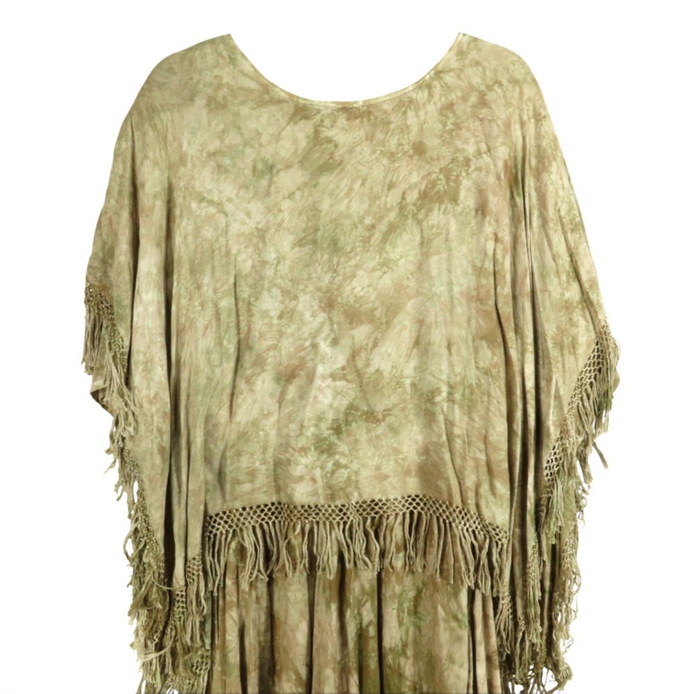 TIE DYE KAFTAN MUUMUU DRESS Poncho Overlay w/Fringe MAXI BOHO ETHNIC Beige 1X - Picture 8 of 11